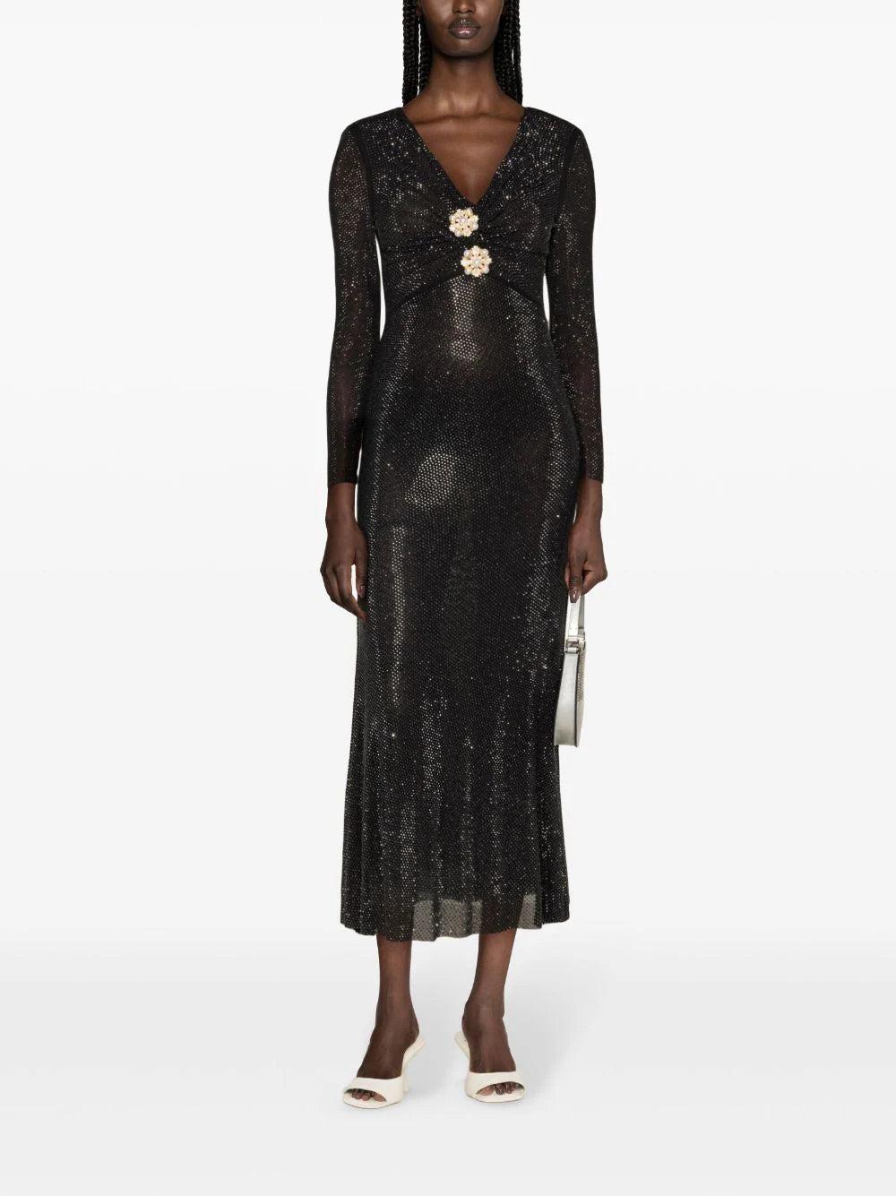 SELF PORTRAIT Black Rhinestone Mesh V-neck Midi Dress
