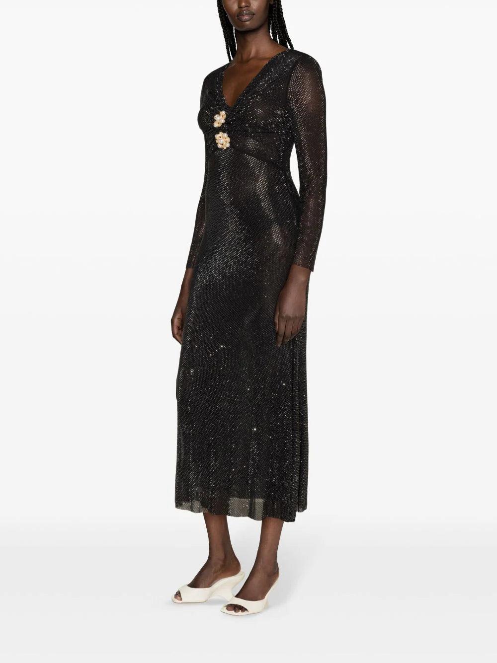 SELF PORTRAIT Black Rhinestone Mesh V-neck Midi Dress