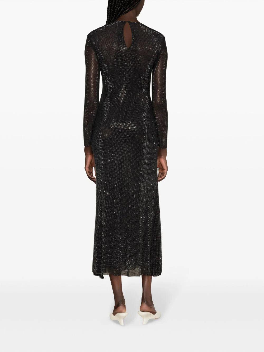 SELF PORTRAIT Black Rhinestone Mesh V-neck Midi Dress