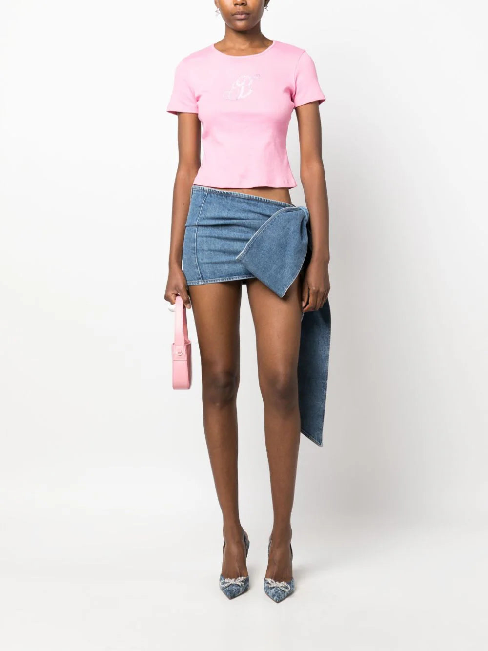 Blumarine Mini Skirt In Denim With Bow