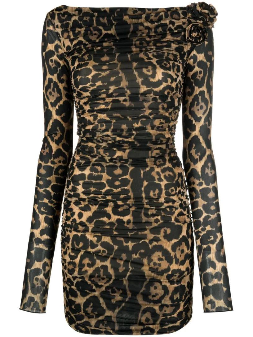 Blumarine Rose-appliqué leopard dress
