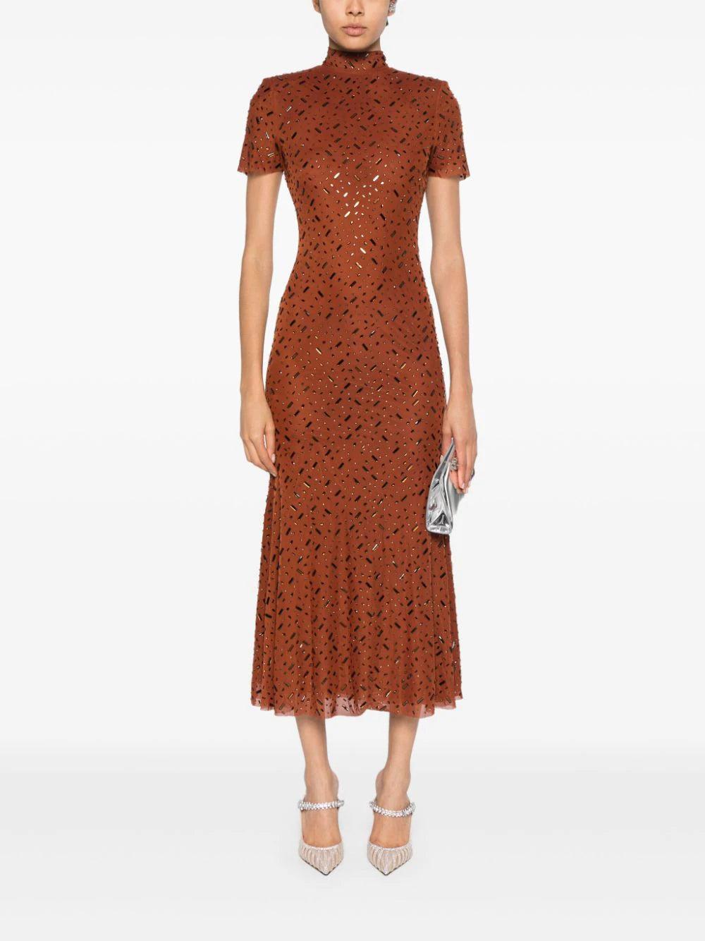 SELF PORTRAIT Brown Square Rhinestone Mesh Midi Dress
