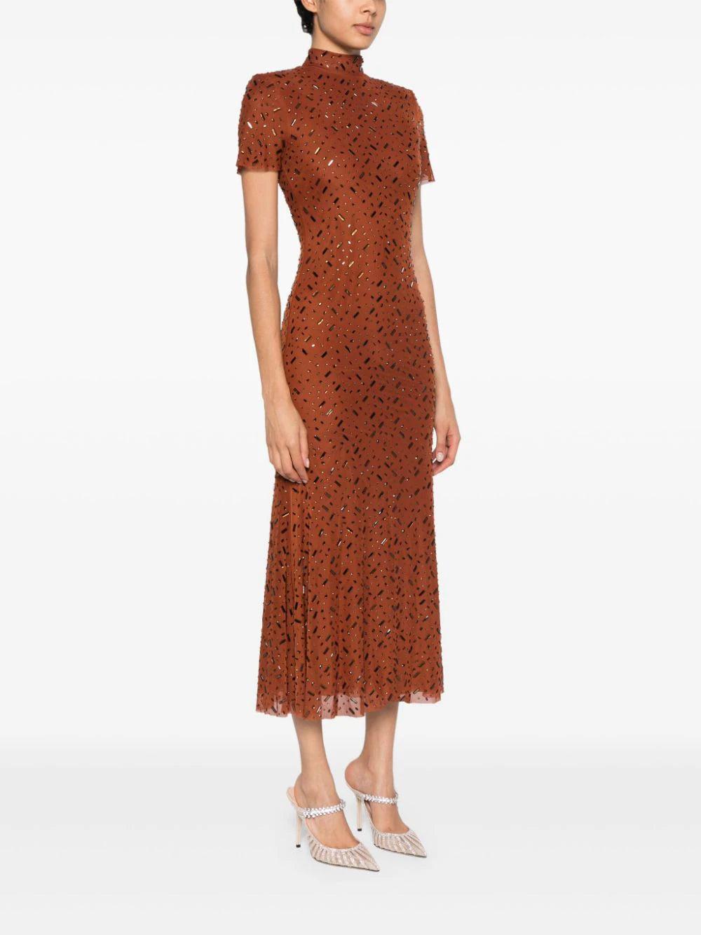 SELF PORTRAIT Brown Square Rhinestone Mesh Midi Dress