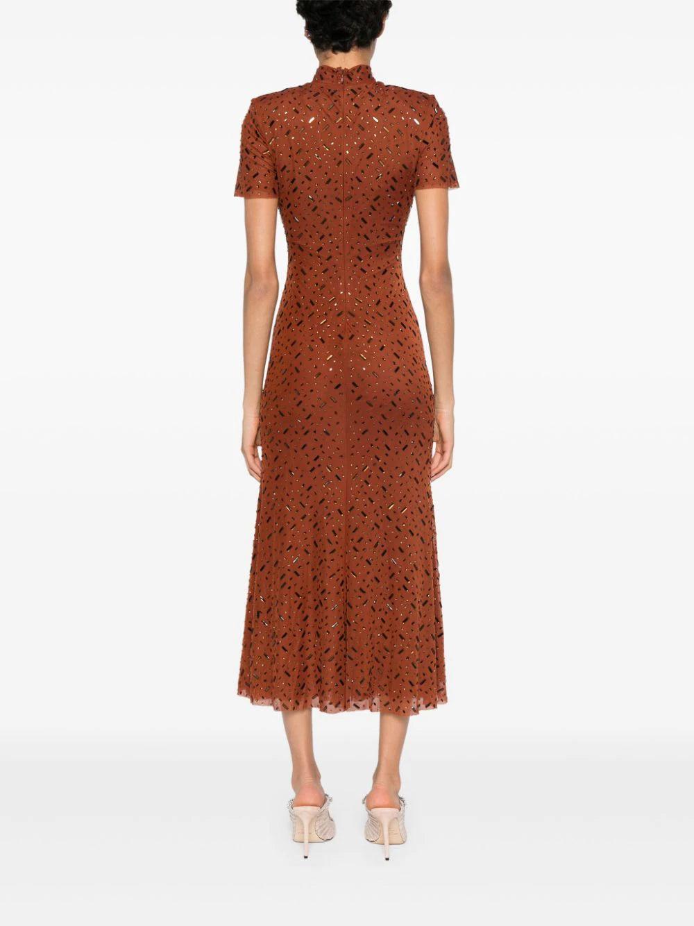 SELF PORTRAIT Brown Square Rhinestone Mesh Midi Dress