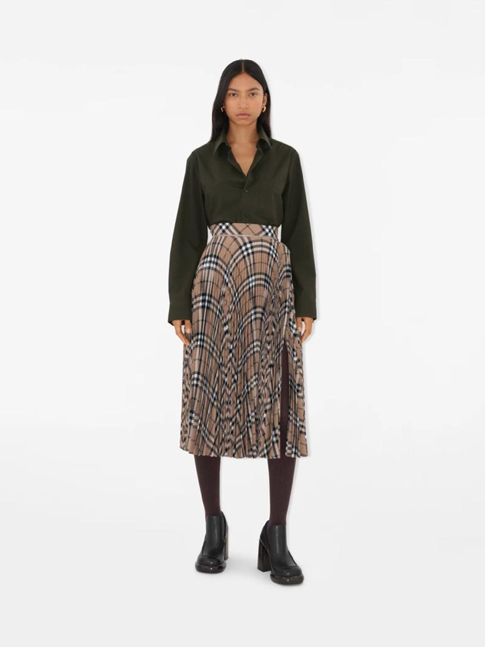 Burberry Check Wool Blend Skirt With Pleats