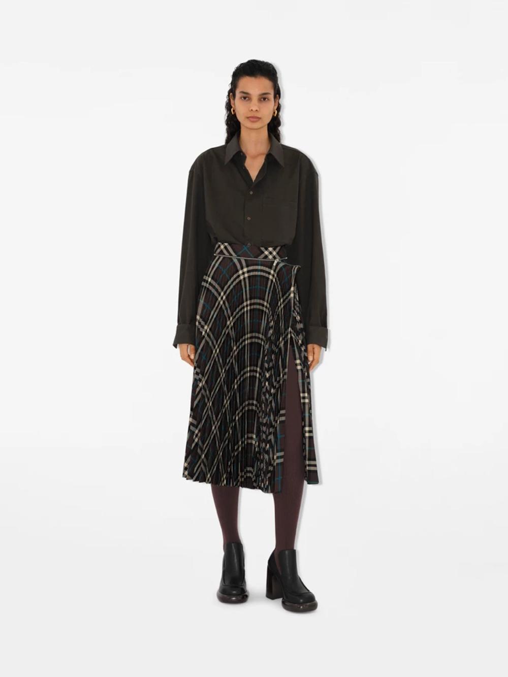 Burberry Check Wool Blend Skirt With Pleats
