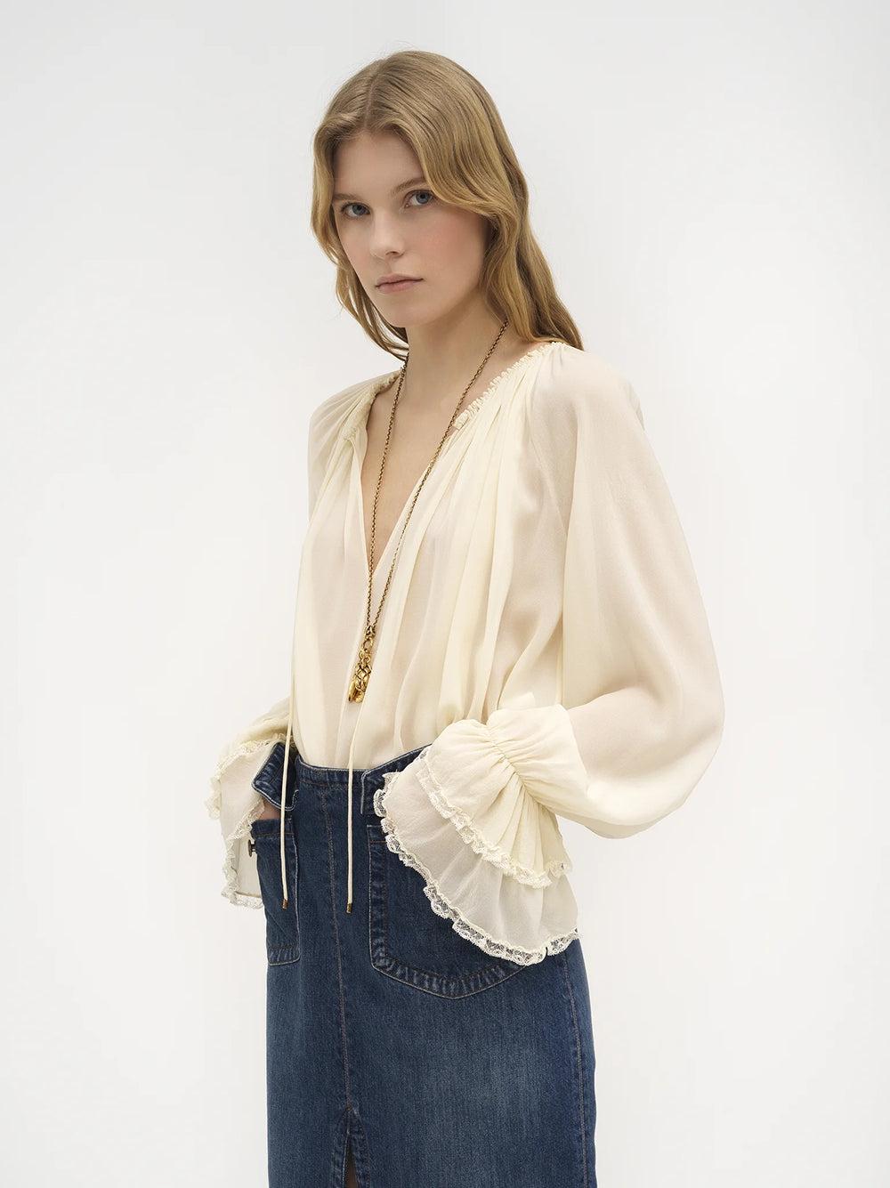 Chloé Gathered Top In Organic Silk Georgette