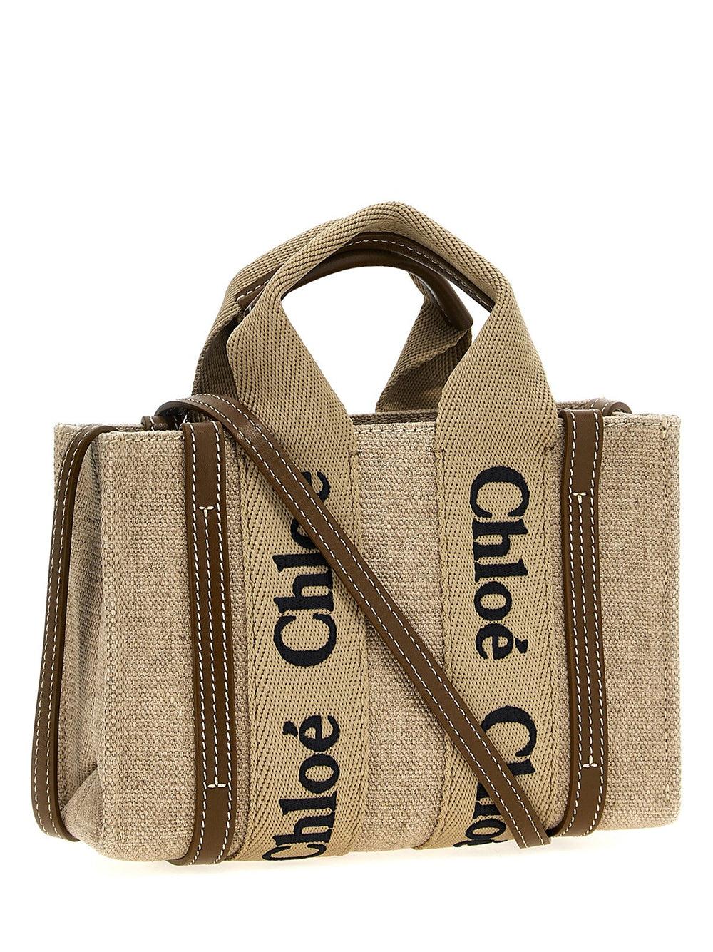 Chloé Mini Woody Tote Bag In Linen And Leather