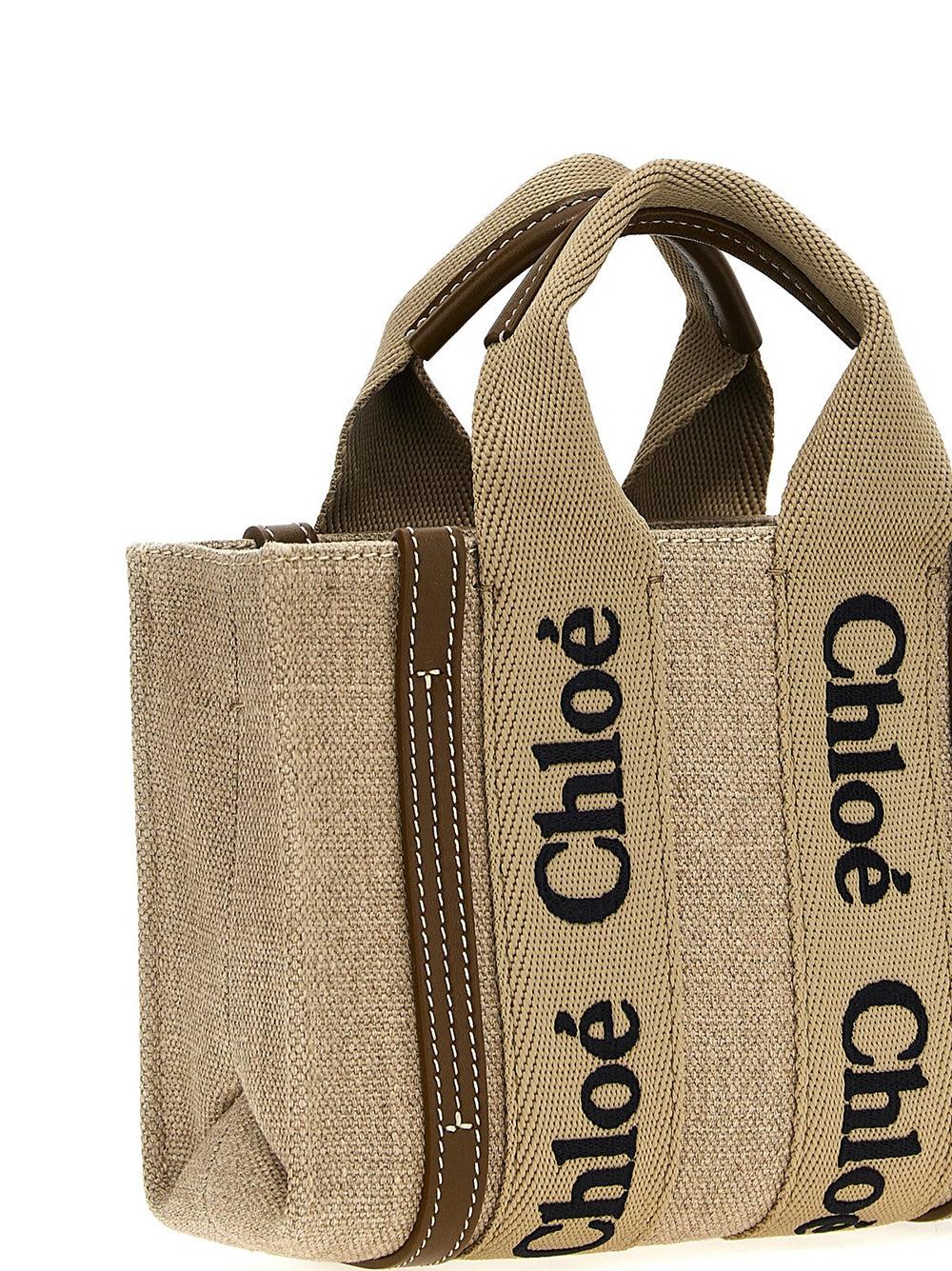 Chloé Mini Woody Tote Bag In Linen And Leather