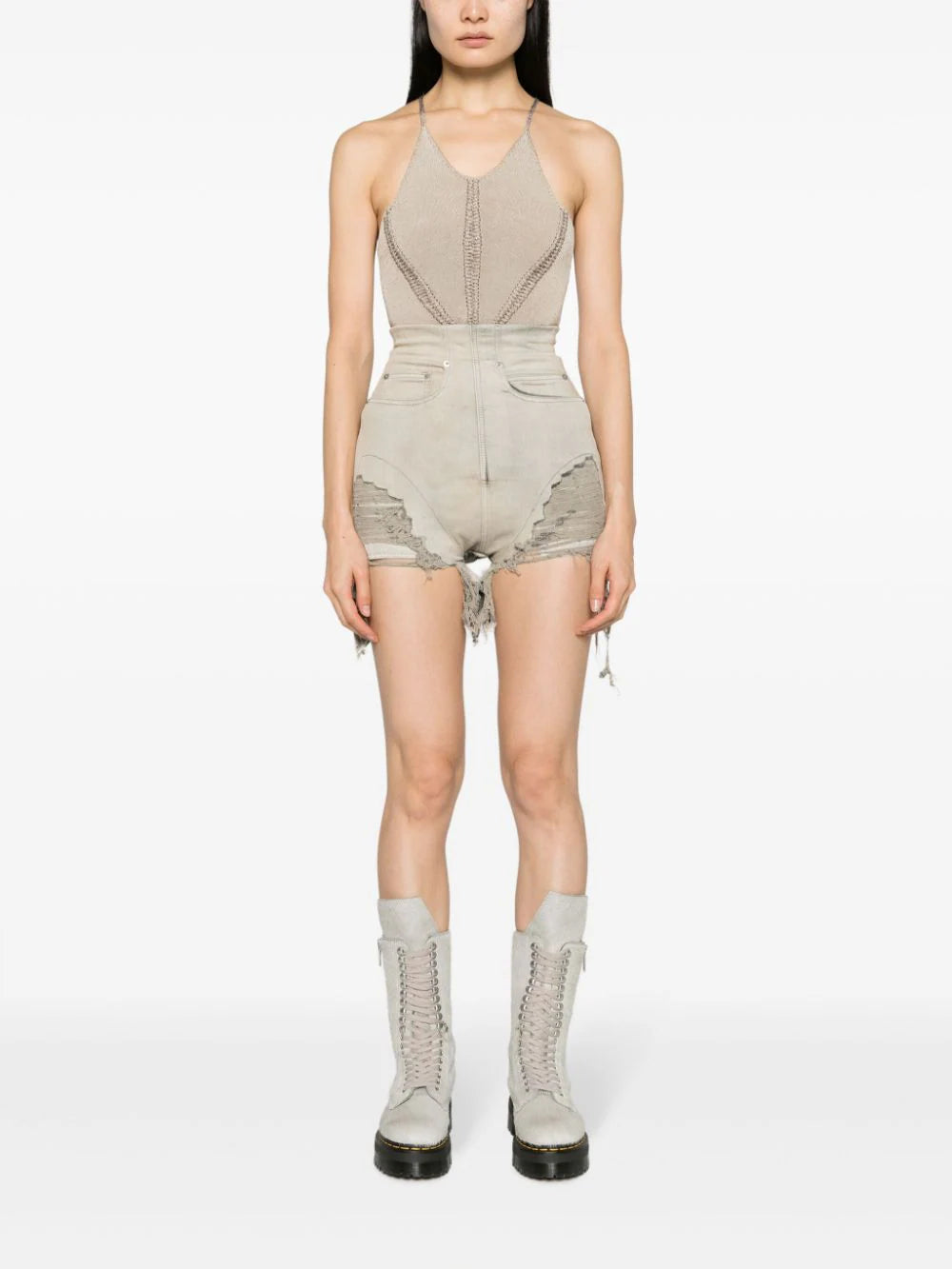 RICK OWENS Dirt Cutoffs In Mineral Pearl Stretch Denim