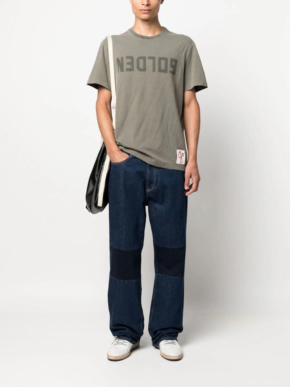Golden Goose Dusty Olive Men's T-shirt With Distressed Treatment