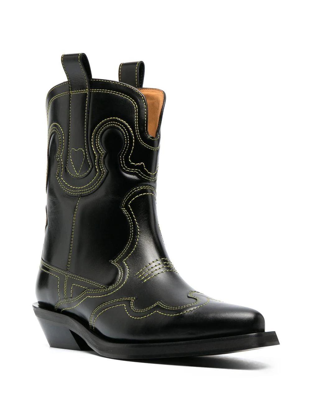 GANNI Embroidered Western Boots With Black/yellow Low Shaft