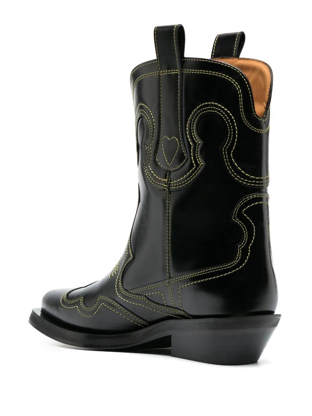 GANNI Embroidered Western Boots With Black/yellow Low Shaft