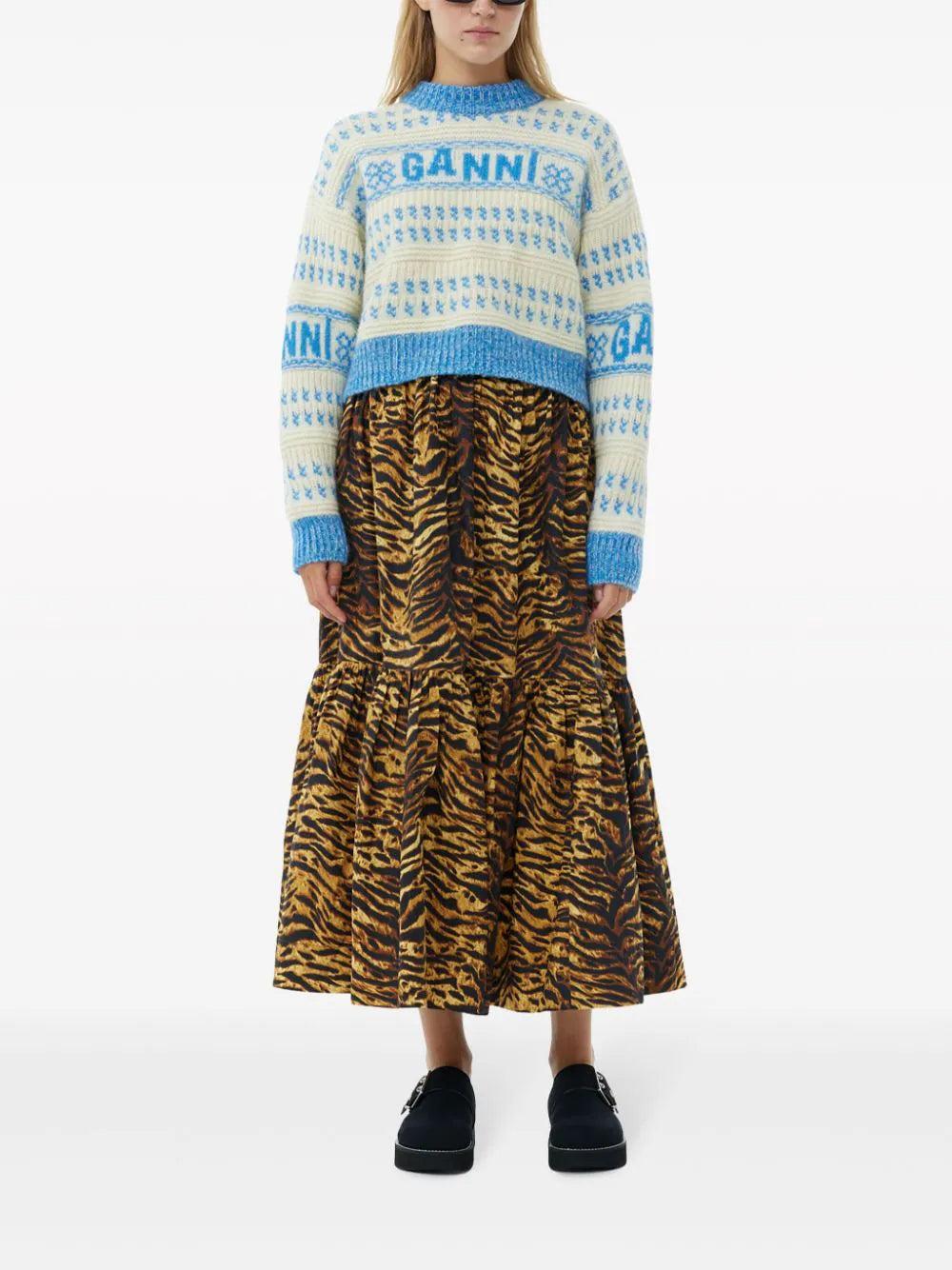 GANNI Blue Lambswool Cropped O-neck Pullover
