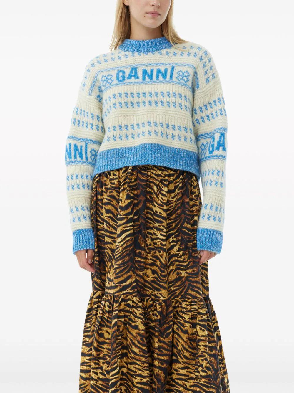 GANNI Blue Lambswool Cropped O-neck Pullover