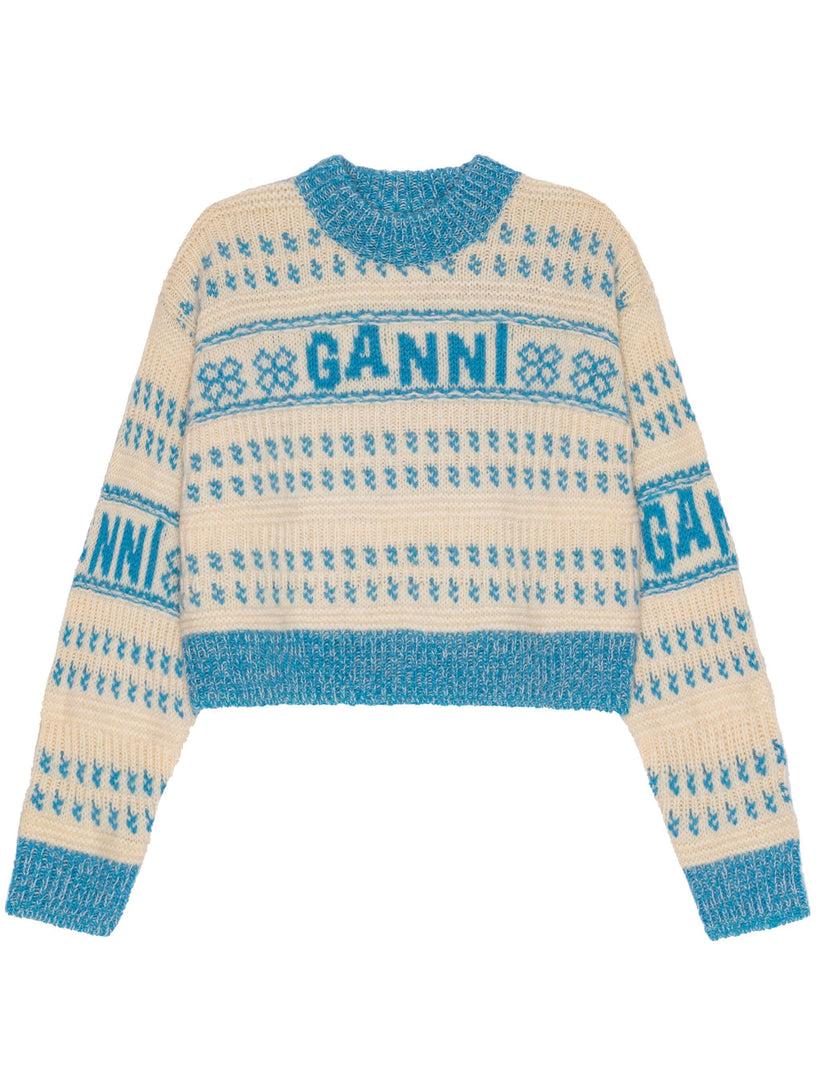 GANNI Blue lambswool cropped o-neck pullover