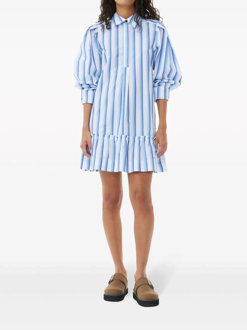 GANNI Blue Striped Cotton Mini Shirt Dress