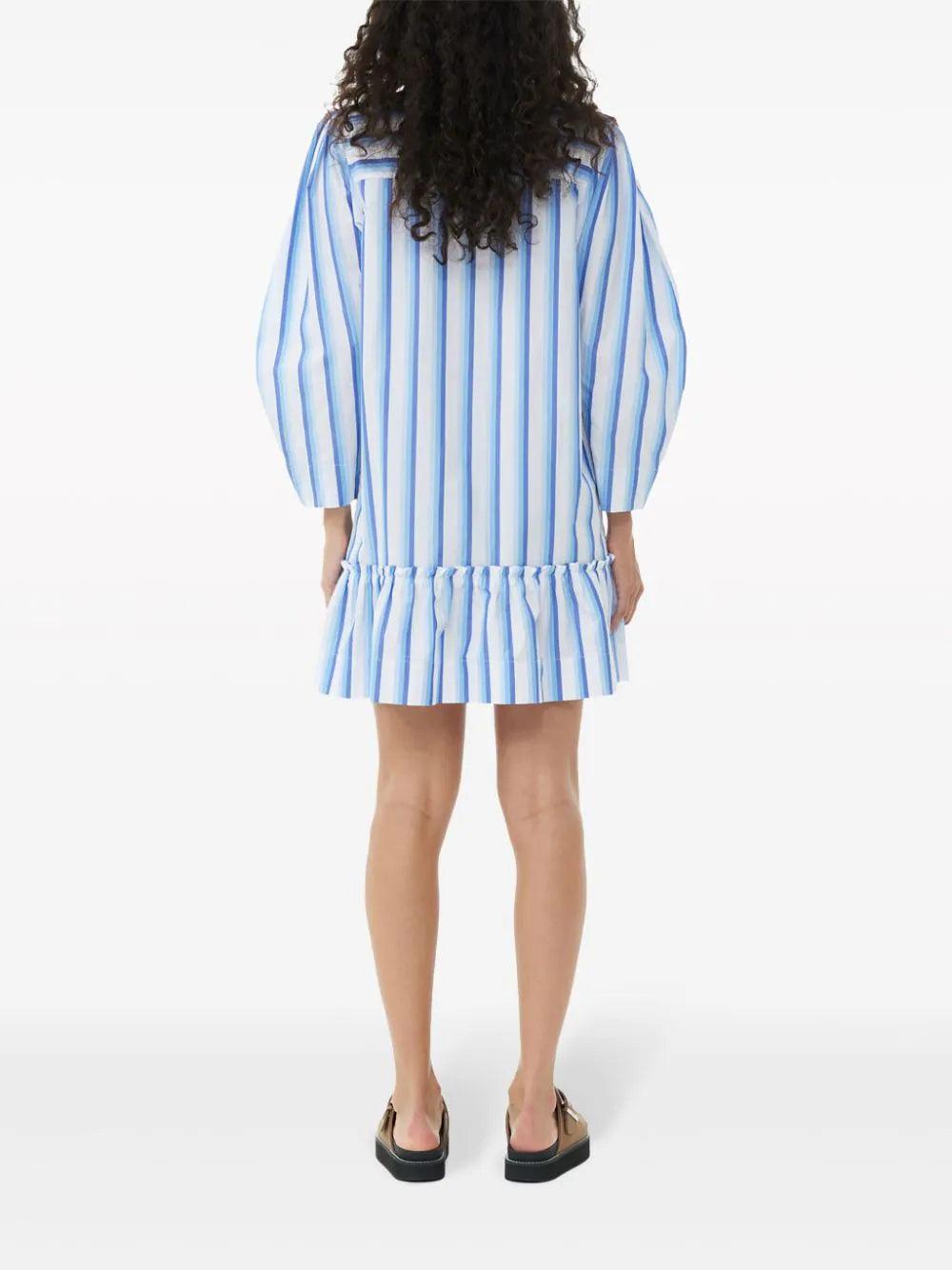 GANNI Blue Striped Cotton Mini Shirt Dress