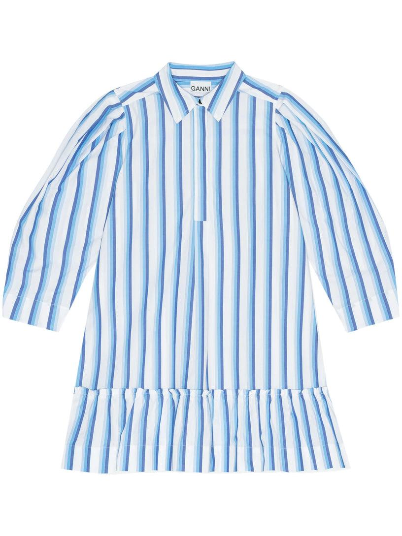 GANNI Blue striped cotton mini shirt dress