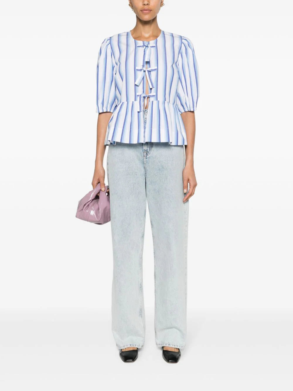 GANNI Blue Striped Cotton Poplin Peplum Tie Blouse