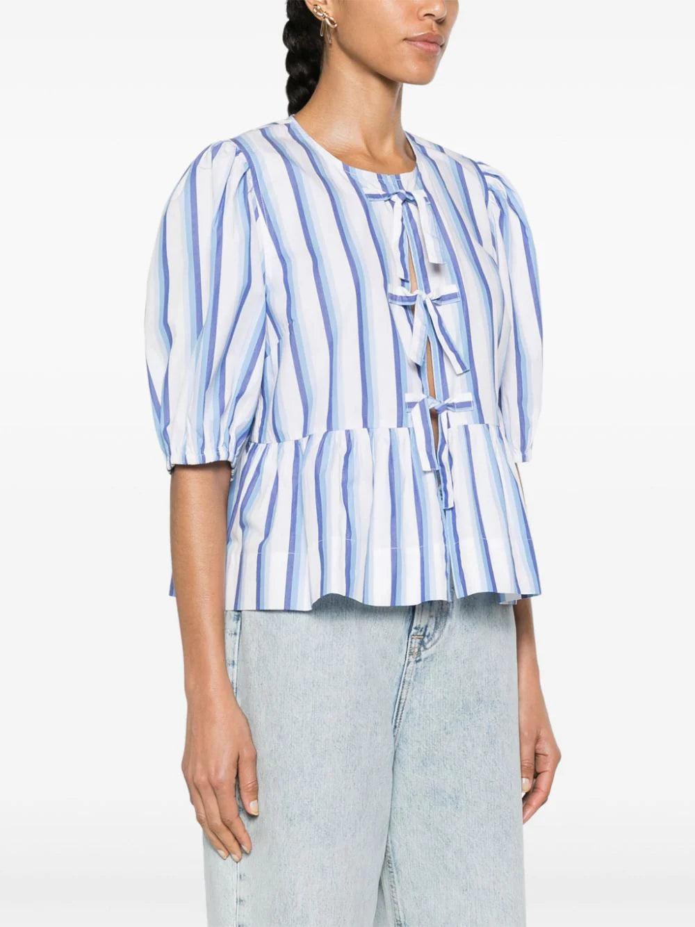 GANNI Blue Striped Cotton Poplin Peplum Tie Blouse
