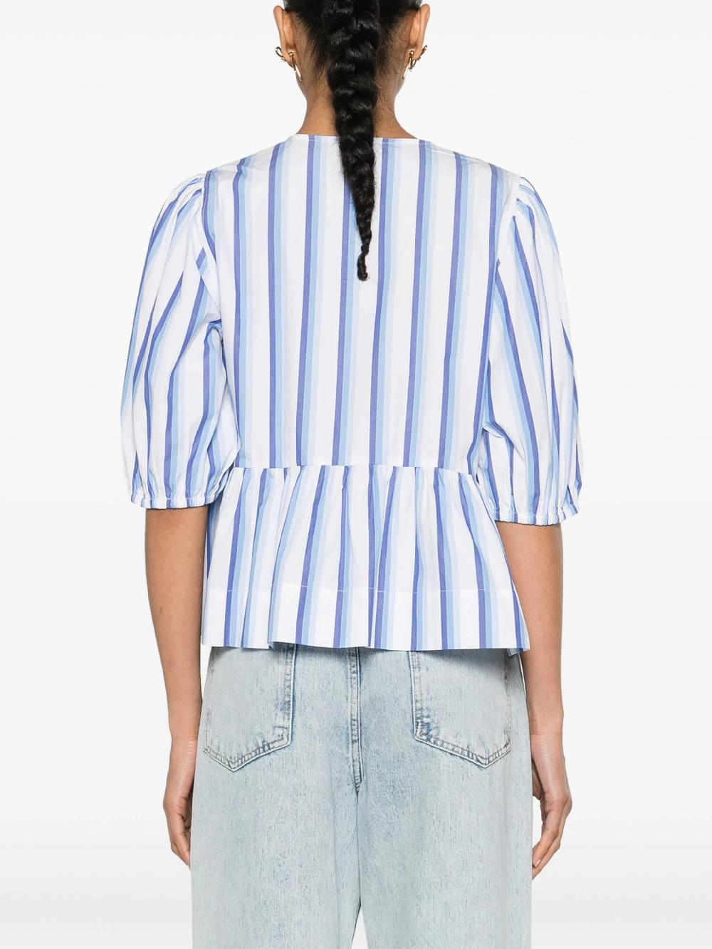 GANNI Blue Striped Cotton Poplin Peplum Tie Blouse