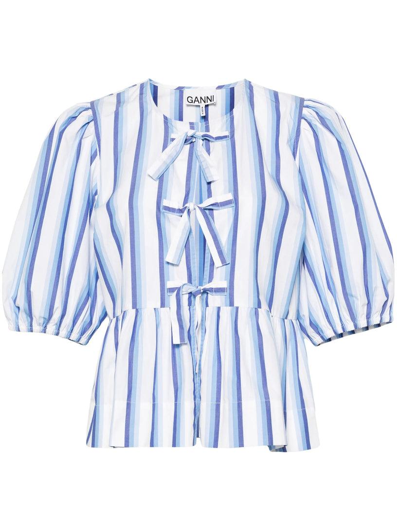 GANNI Blue striped cotton poplin peplum tie blouse