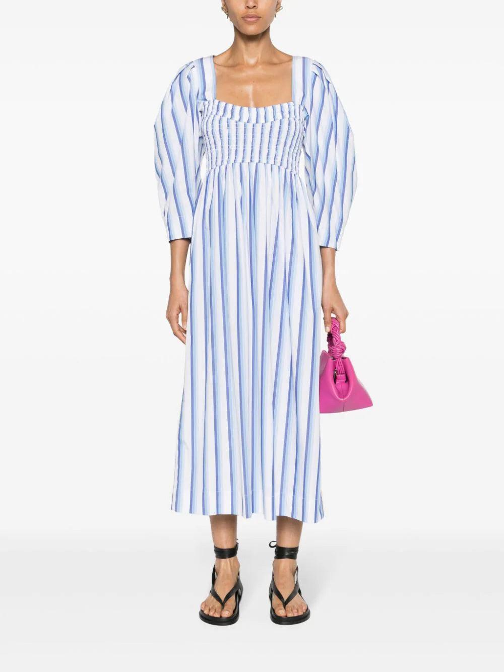 GANNI Blue Striped Cotton Smock Long Dress