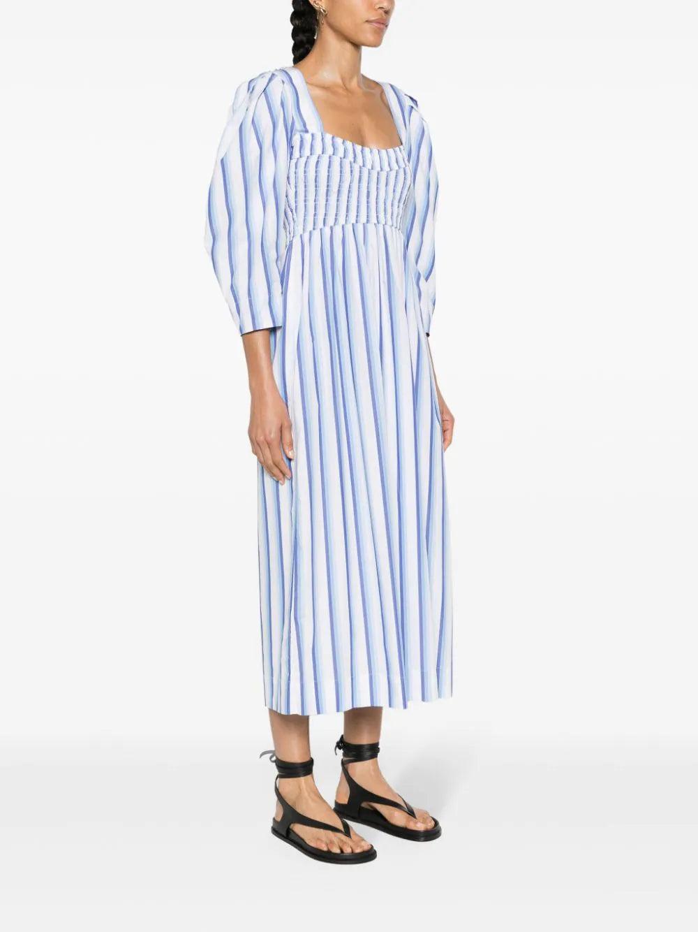 GANNI Blue Striped Cotton Smock Long Dress