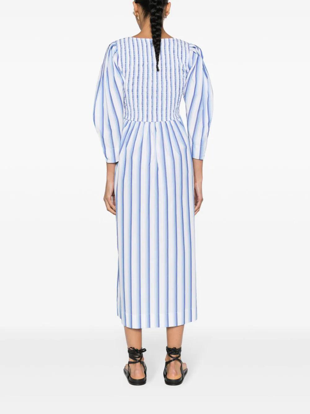 GANNI Blue Striped Cotton Smock Long Dress