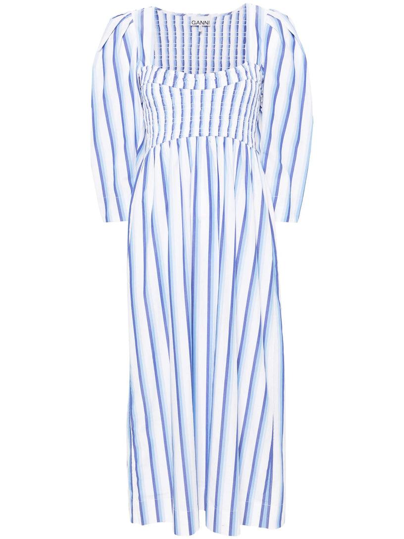 GANNI Blue striped cotton smock long dress