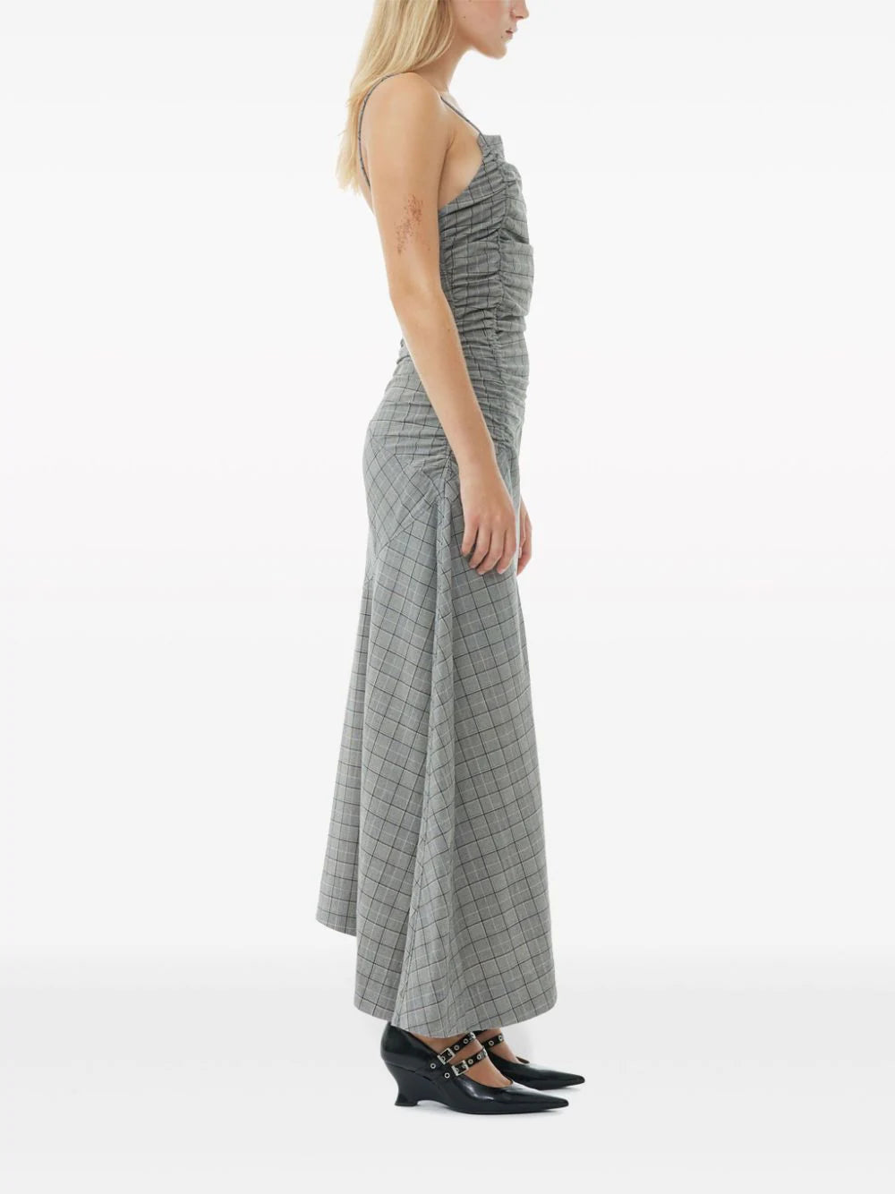GANNI Checkered Ruched Long Slip Dress
