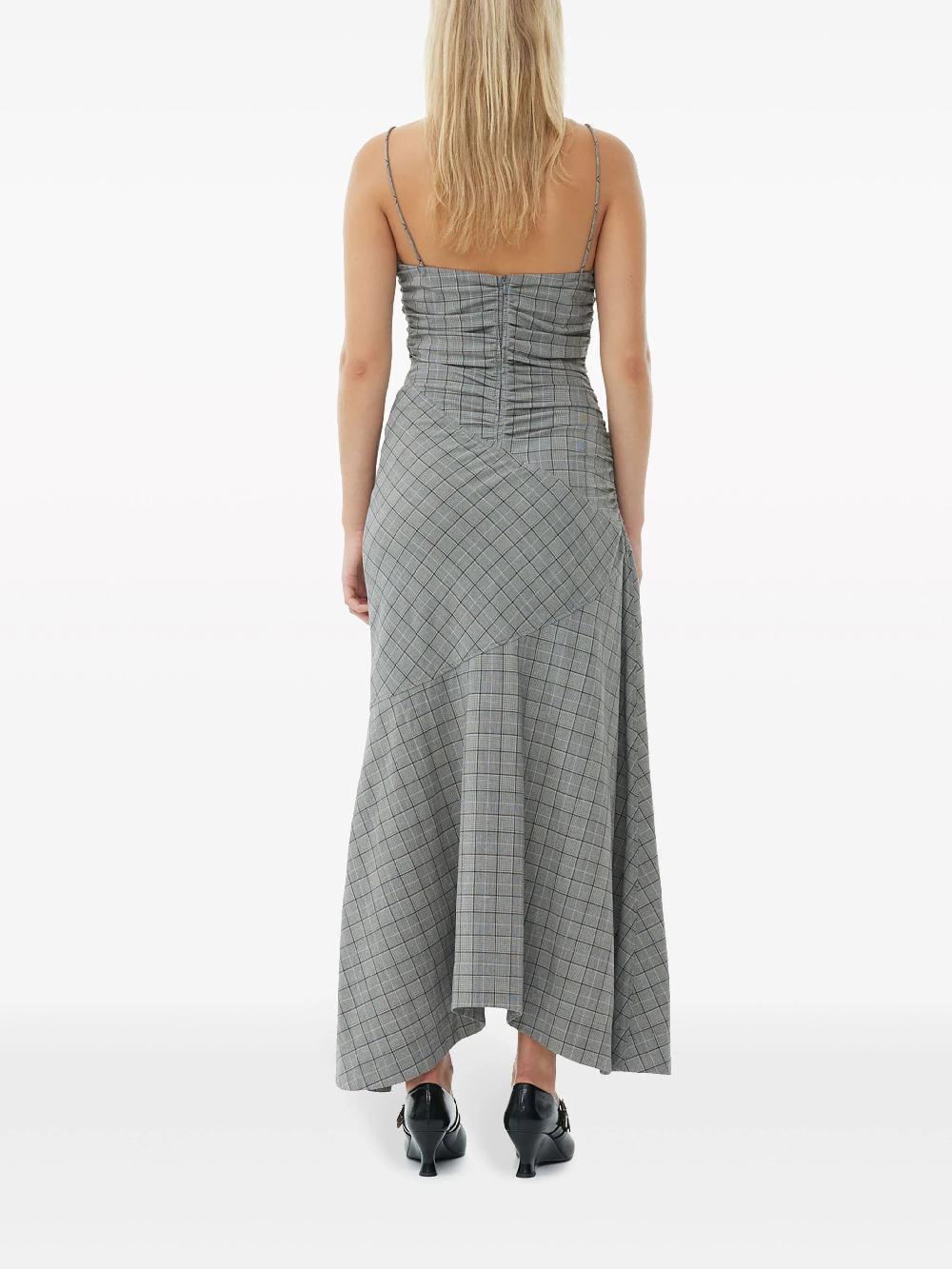 GANNI Checkered Ruched Long Slip Dress