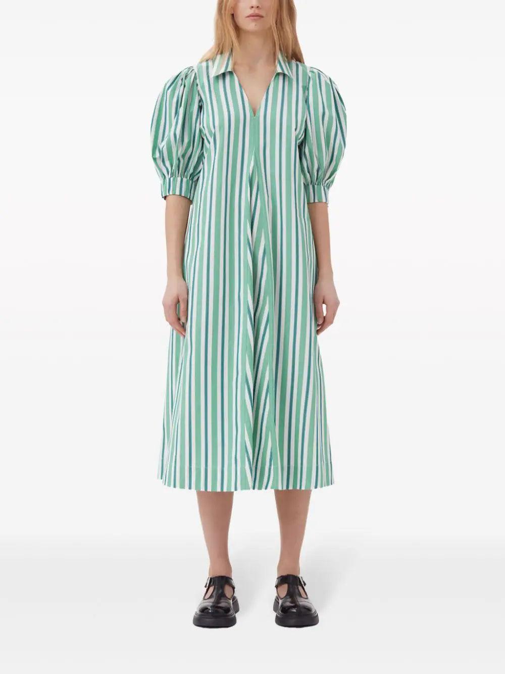 GANNI Green Striped Collar Long Dress