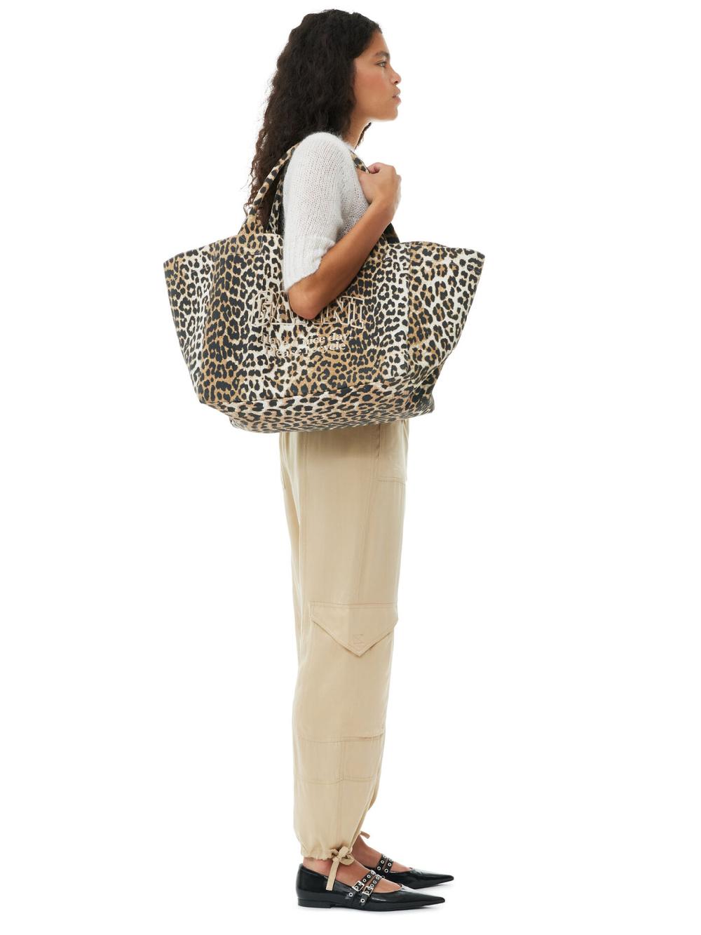 GANNI Leopard Oversized Canvas Tote Ba