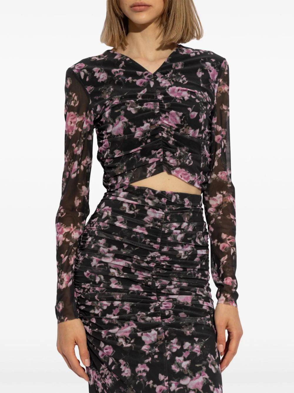 GANNI Printed Mesh Ruched Blouse