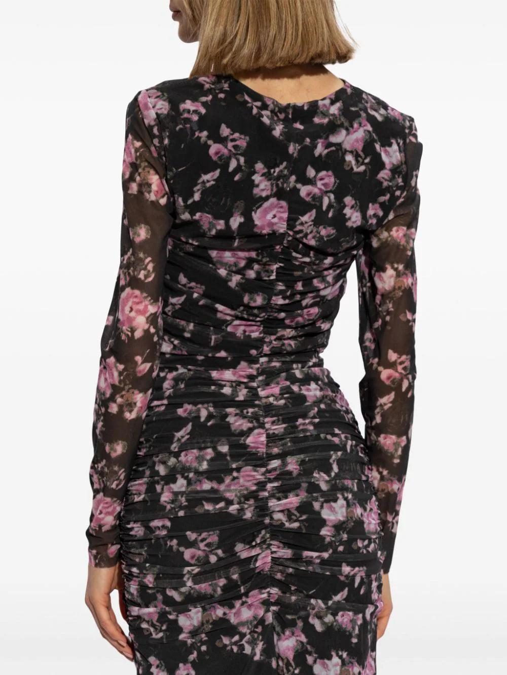 GANNI Printed Mesh Ruched Blouse
