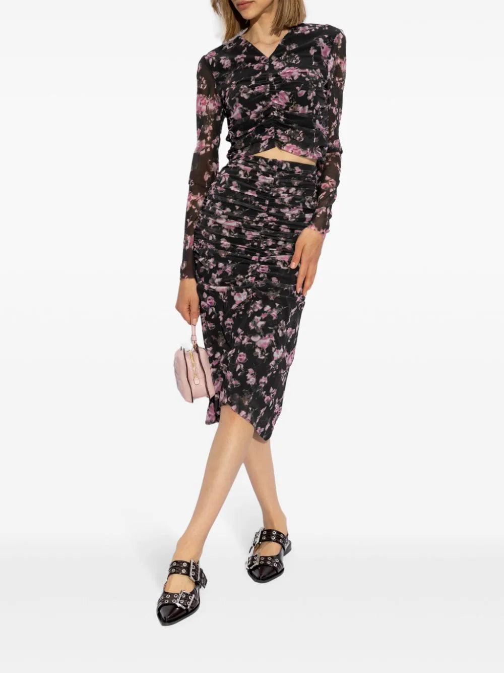 GANNI Printed Mesh Skirt With Ruffles