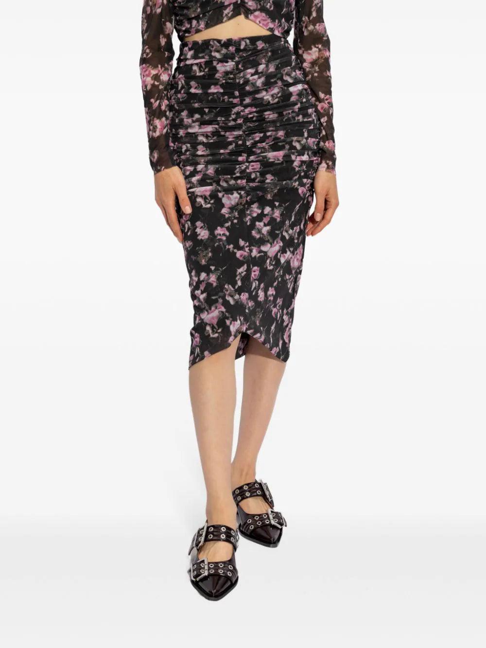 GANNI Printed Mesh Skirt With Ruffles