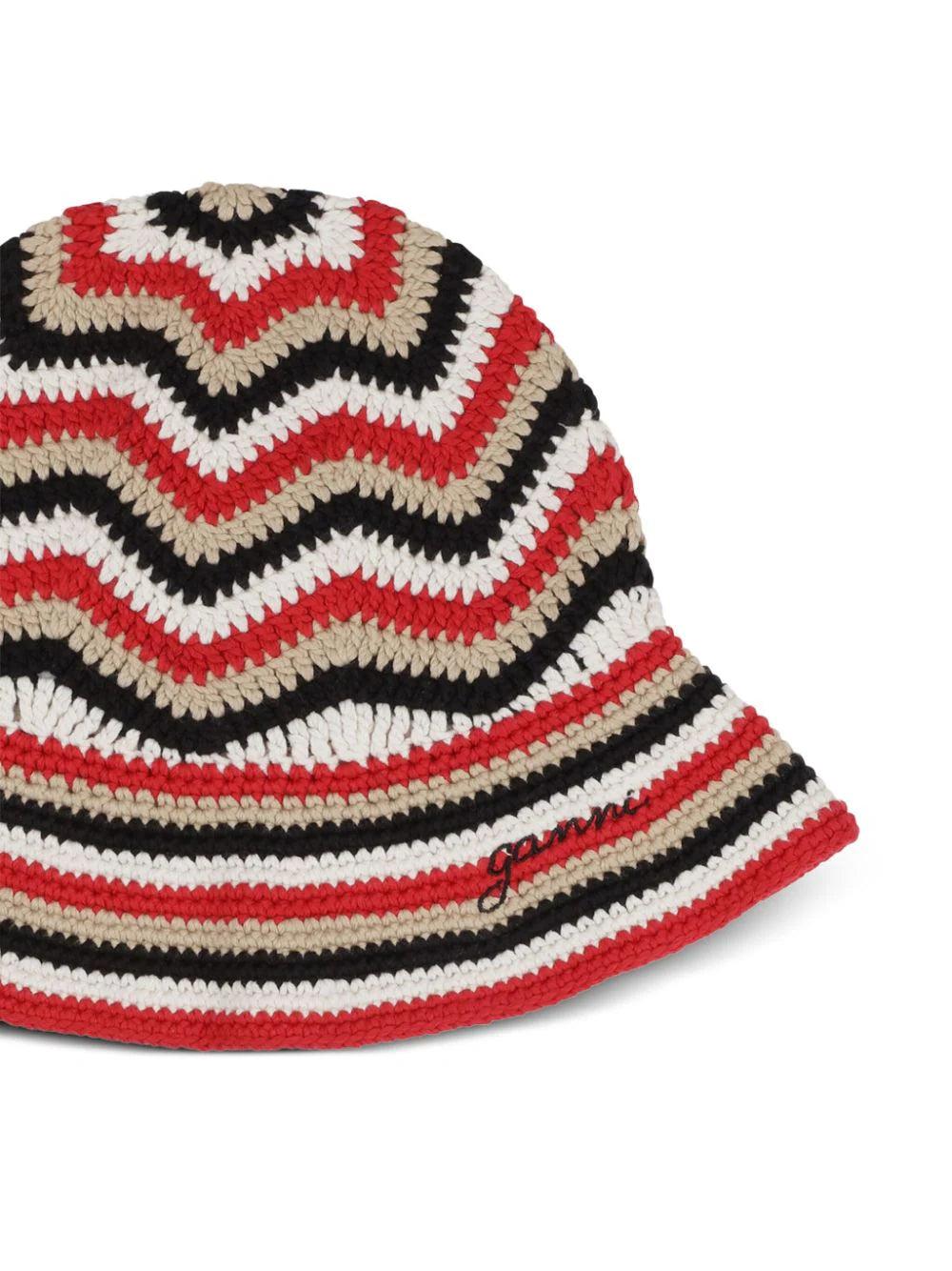 GANNI Red Cotton Crochet Bucket Hat