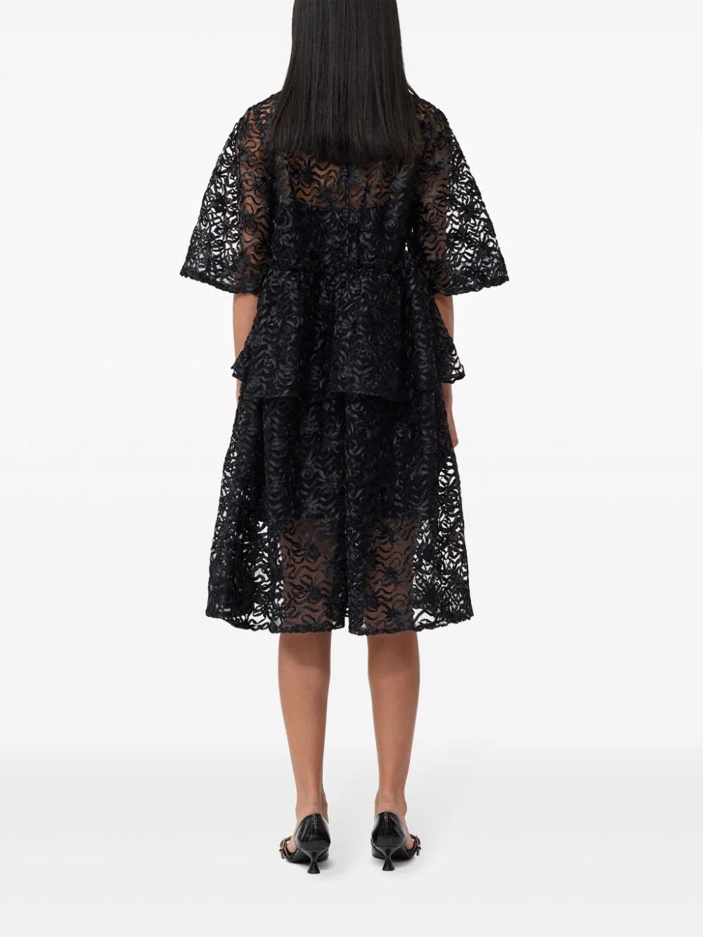 GANNI Ribbon Tulle Flounce Midi Dress