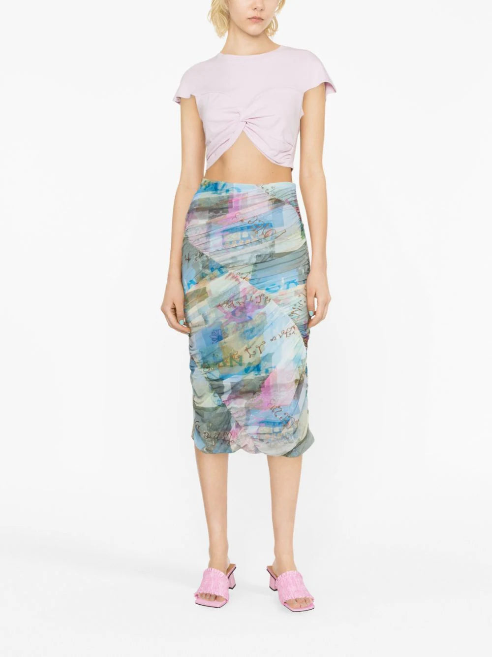 GANNI Wild Orchid-print Ruched Midi Skirt