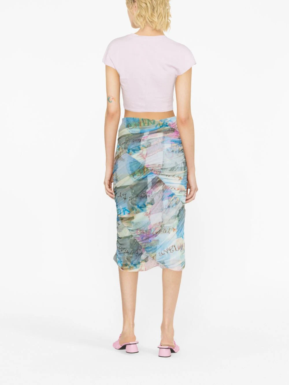 GANNI Wild Orchid-print Ruched Midi Skirt