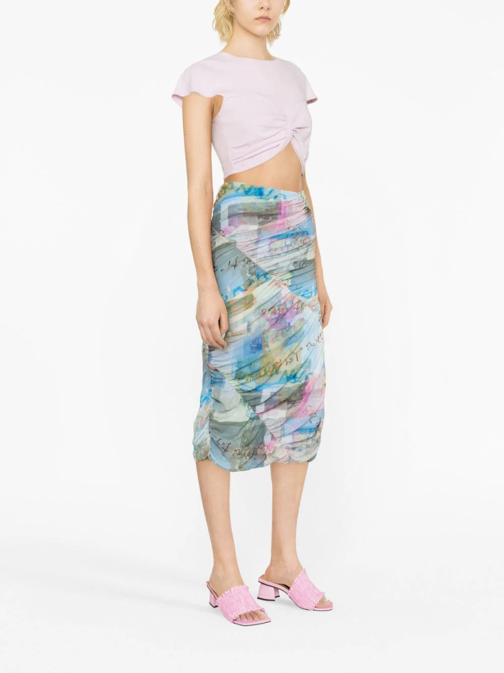 GANNI Wild Orchid-print Ruched Midi Skirt