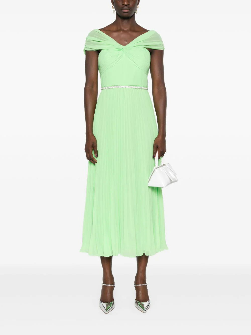 SELF PORTRAIT Green Off Shoulder Chiffon Midi Dress
