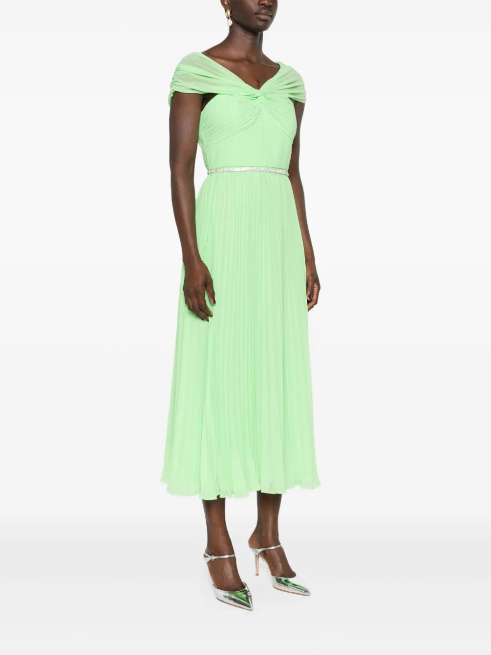 SELF PORTRAIT Green Off Shoulder Chiffon Midi Dress