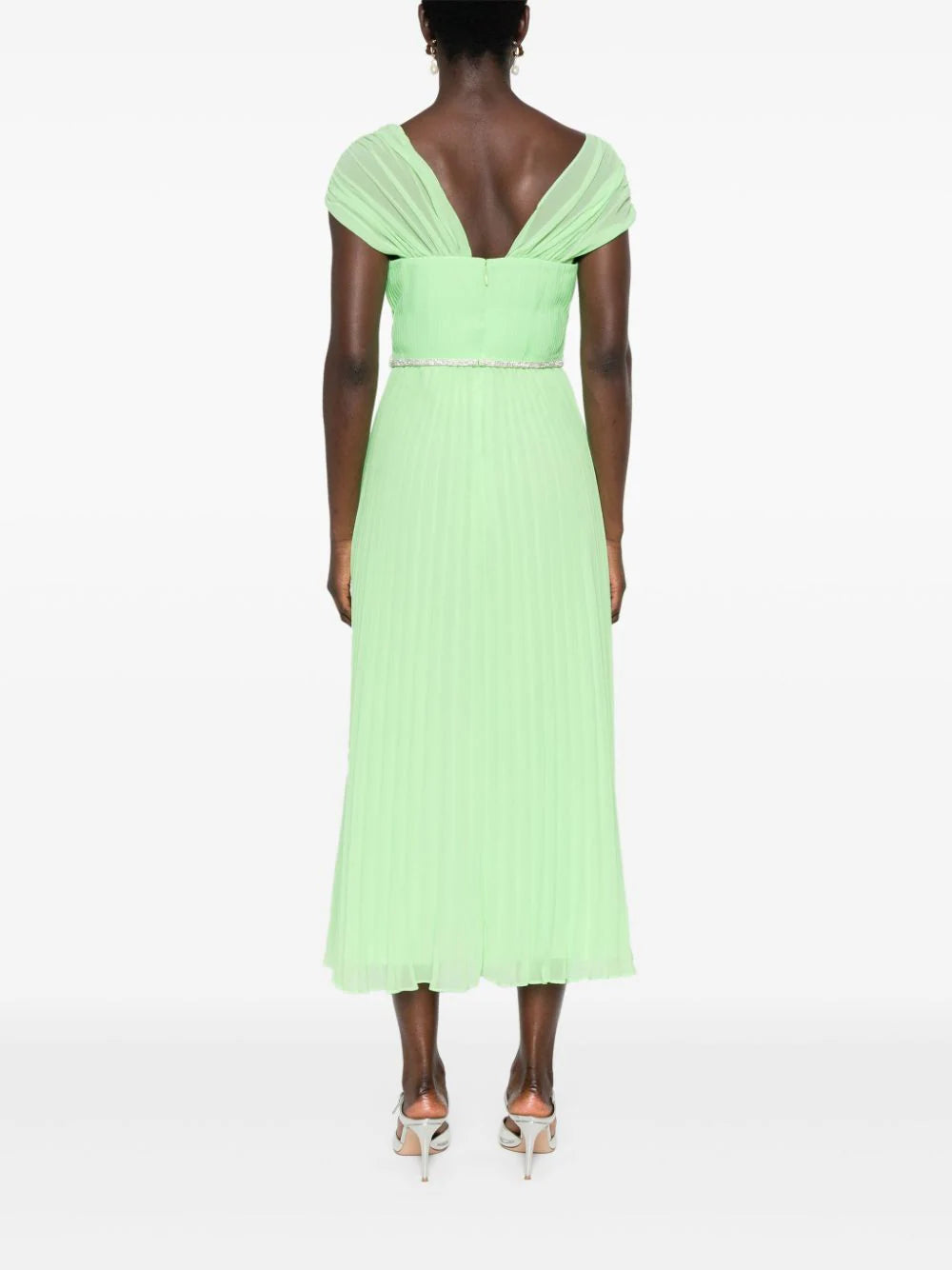 SELF PORTRAIT Green Off Shoulder Chiffon Midi Dress