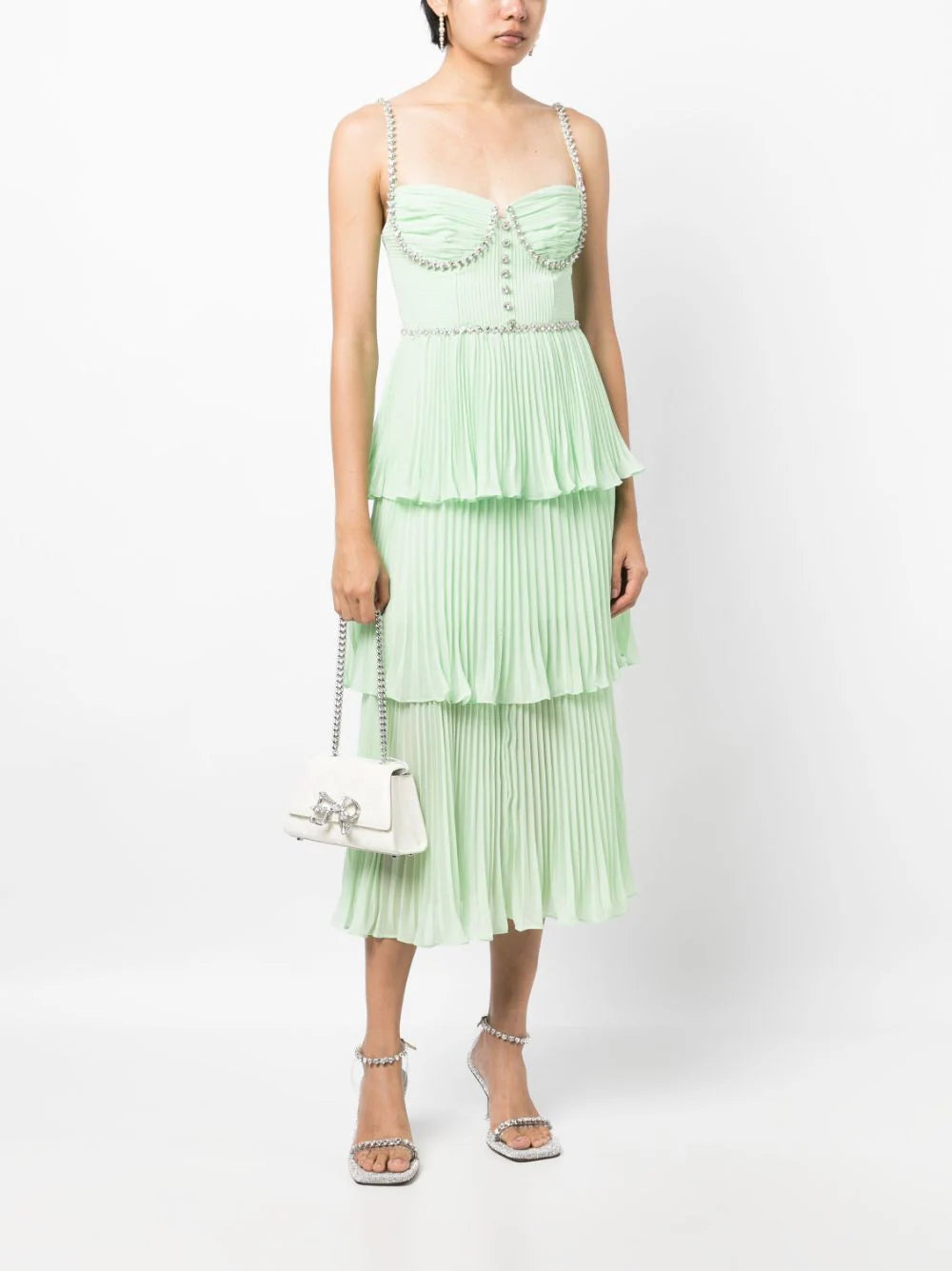 SELF PORTRAIT Green Tiered Diamante Chiffon Midi Dress