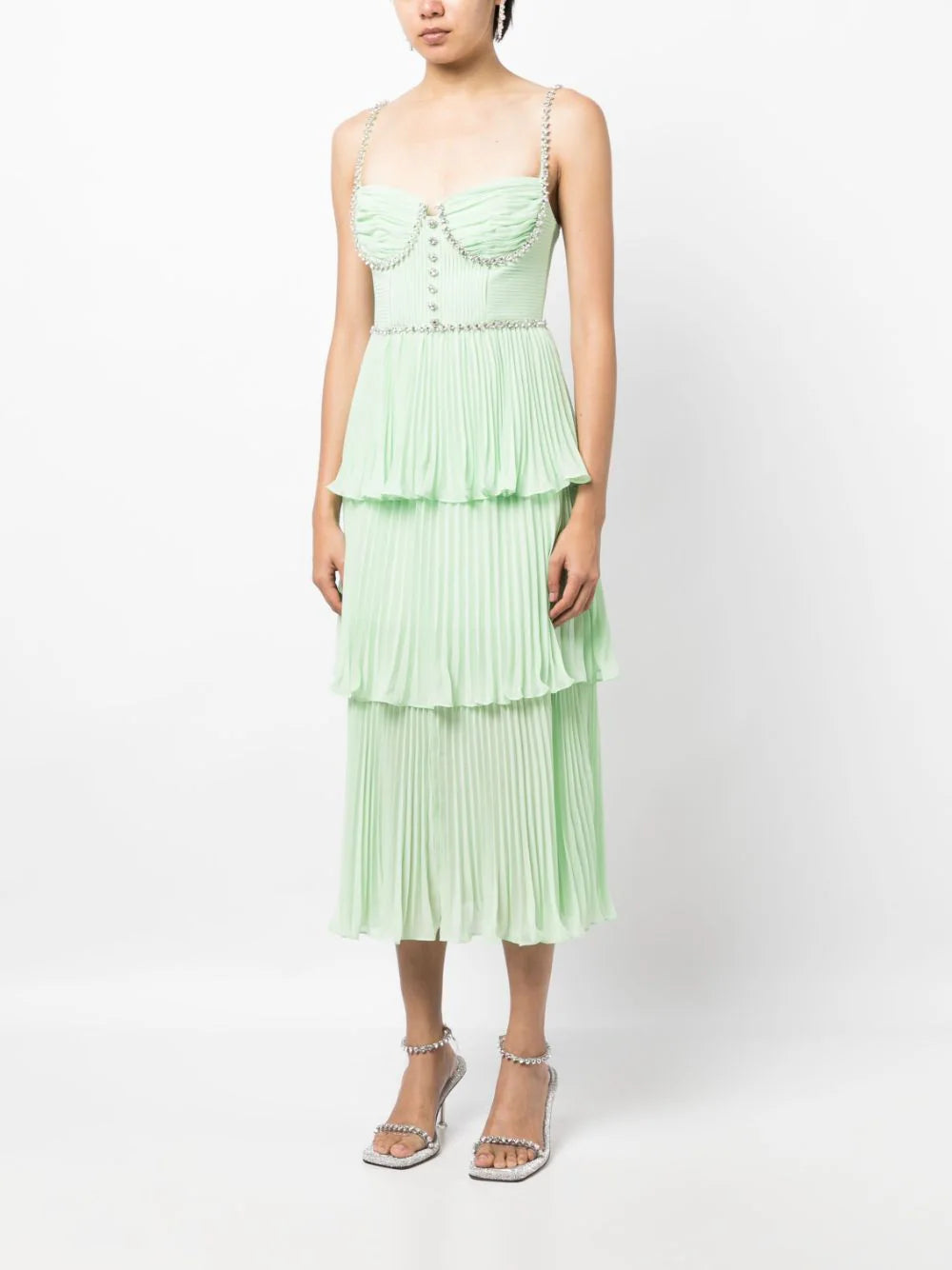 SELF PORTRAIT Green Tiered Diamante Chiffon Midi Dress
