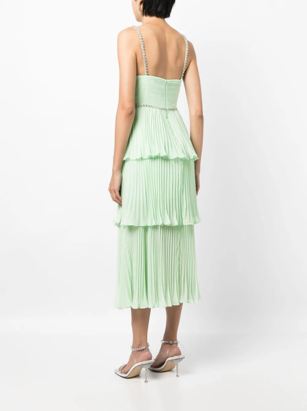SELF PORTRAIT Green Tiered Diamante Chiffon Midi Dress